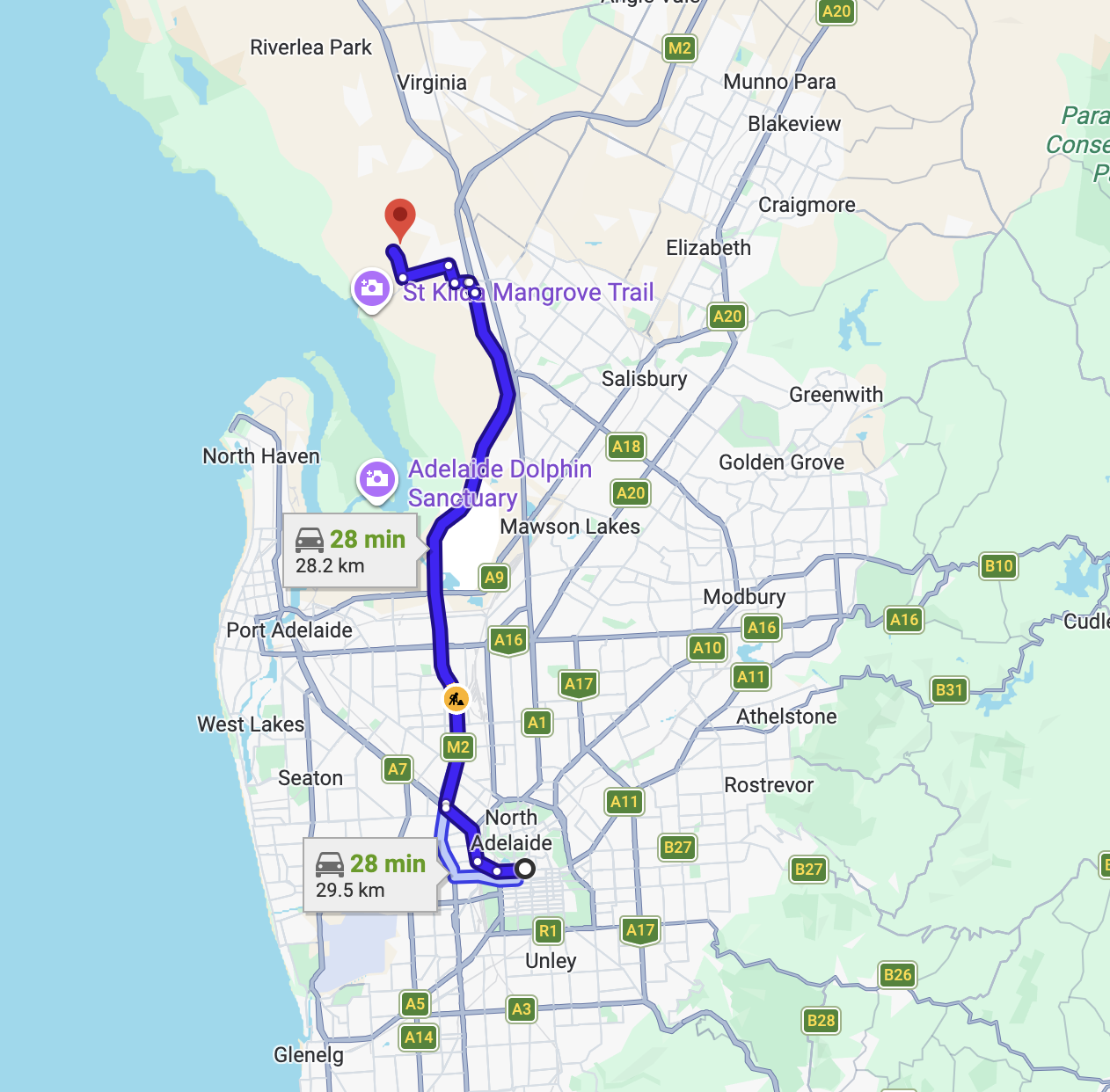 Map — driving route to the Maritime Combat Systems Integration Centre, St Kilda SA